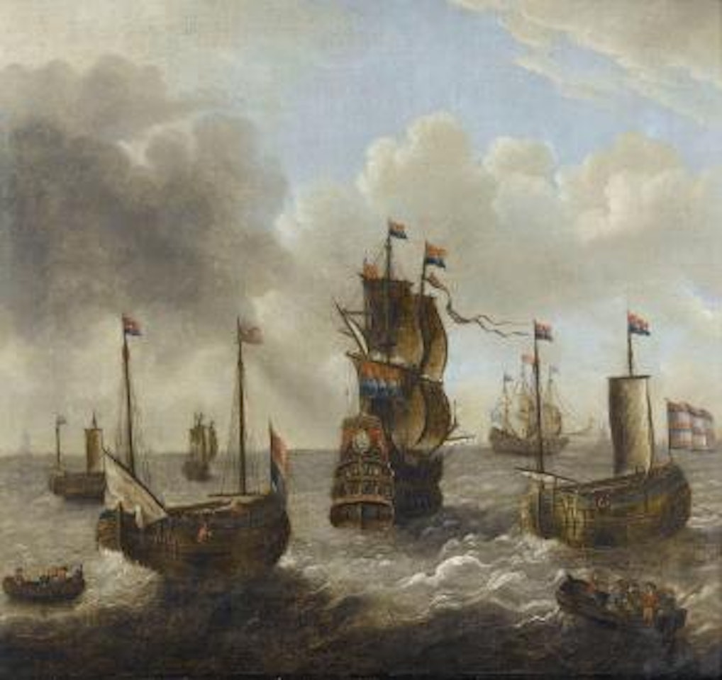Seestück mit Kriegsschiffen und Rettungsbooten by Abraham Storck