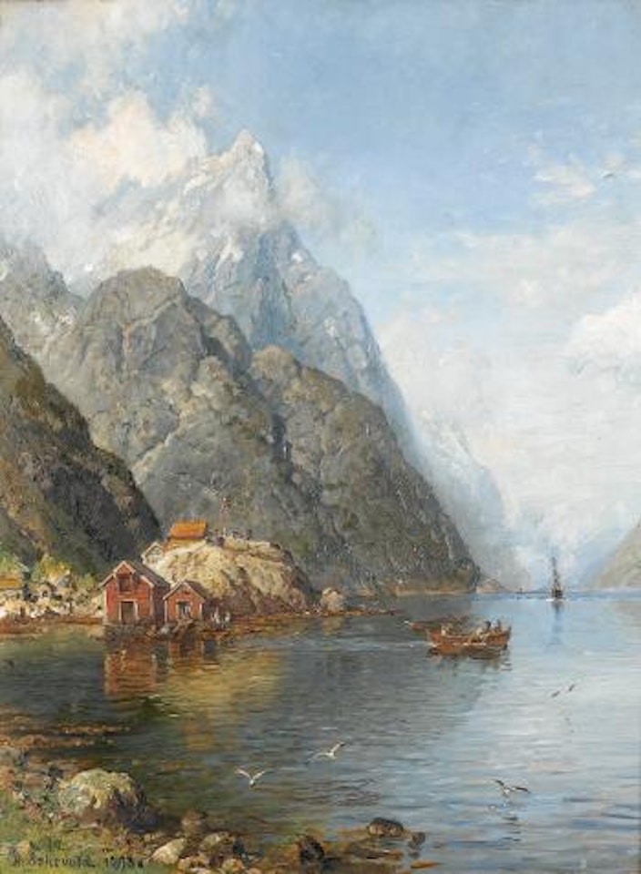 Fjordlandschaft mit Holzhäuschen by Anders Monsen Askevold