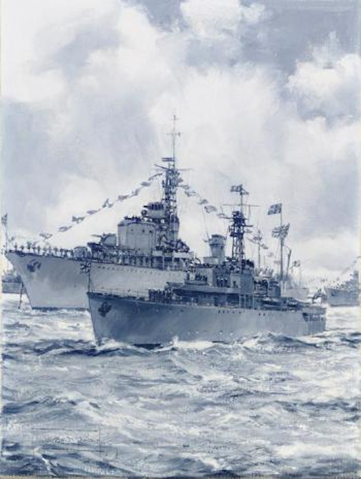 HMS Surprise passing down line destroyers by Montague Dawson