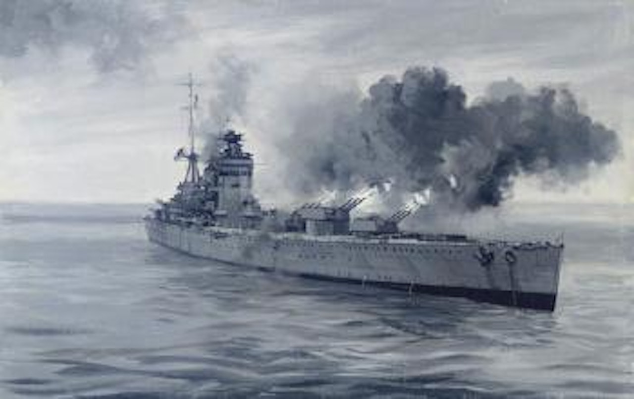 HMS Rodney fires her big guns by Montague Dawson