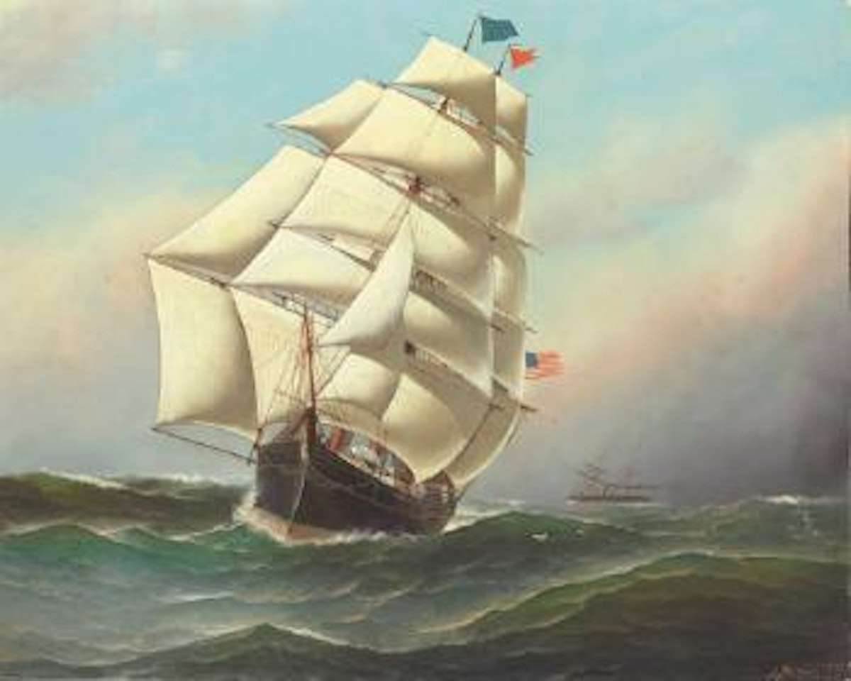 An American clipper ship at sea passing a steamship by Antonio Jacobsen