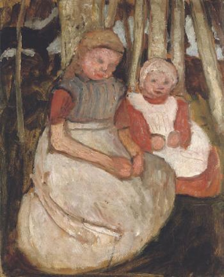 Zwei sitzende Mädchen vor Birkenstämmen by Paula Modersohn-Becker