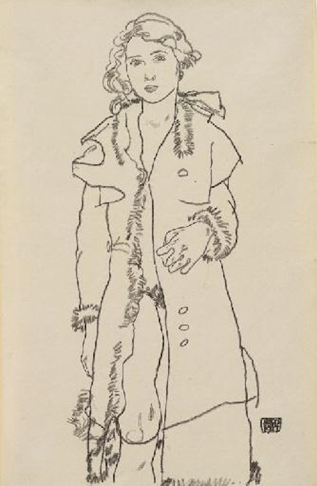 Mädchenakt mit pelzbesetztem Mantel by Egon Schiele