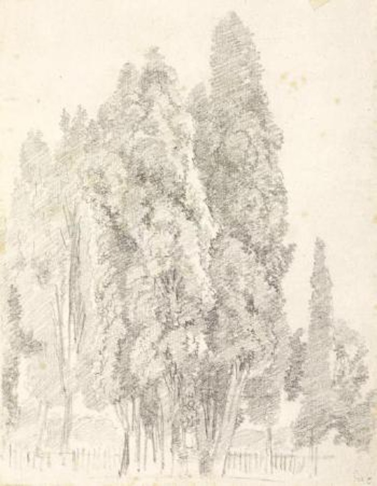 Cypresses by a fence with a statue on a pedestal nearby by Jean-Honoré Fragonard