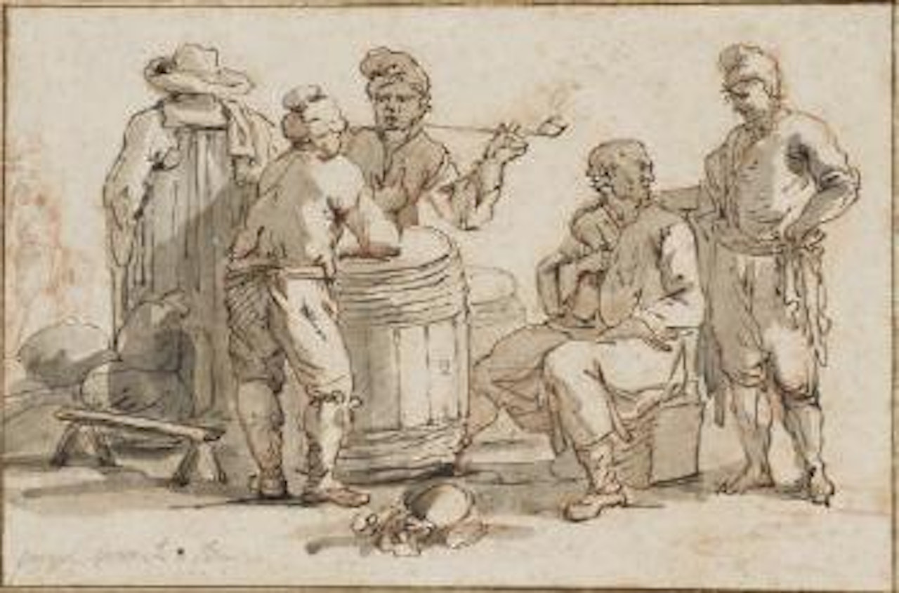 A group of men talking around a barrel, one smoking by Claude Joseph Vernet