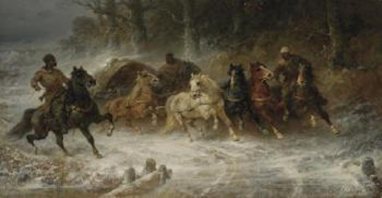 Wallachian horsemen in a winter landscape by Adolf Schreyer