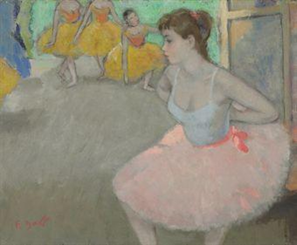 Eugénie et trois ballerines en jaune dans les coulisses by François Gall