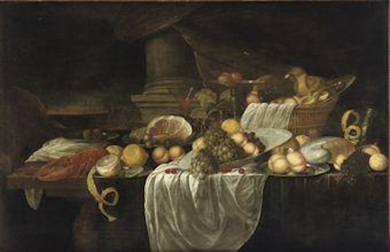 A porcelain bowl with grapes, peaches and lemons together with a wicker basket with bread, a glass, lobster, ham and various other objects all on a partially draped table by Jan Davidsz de Heem