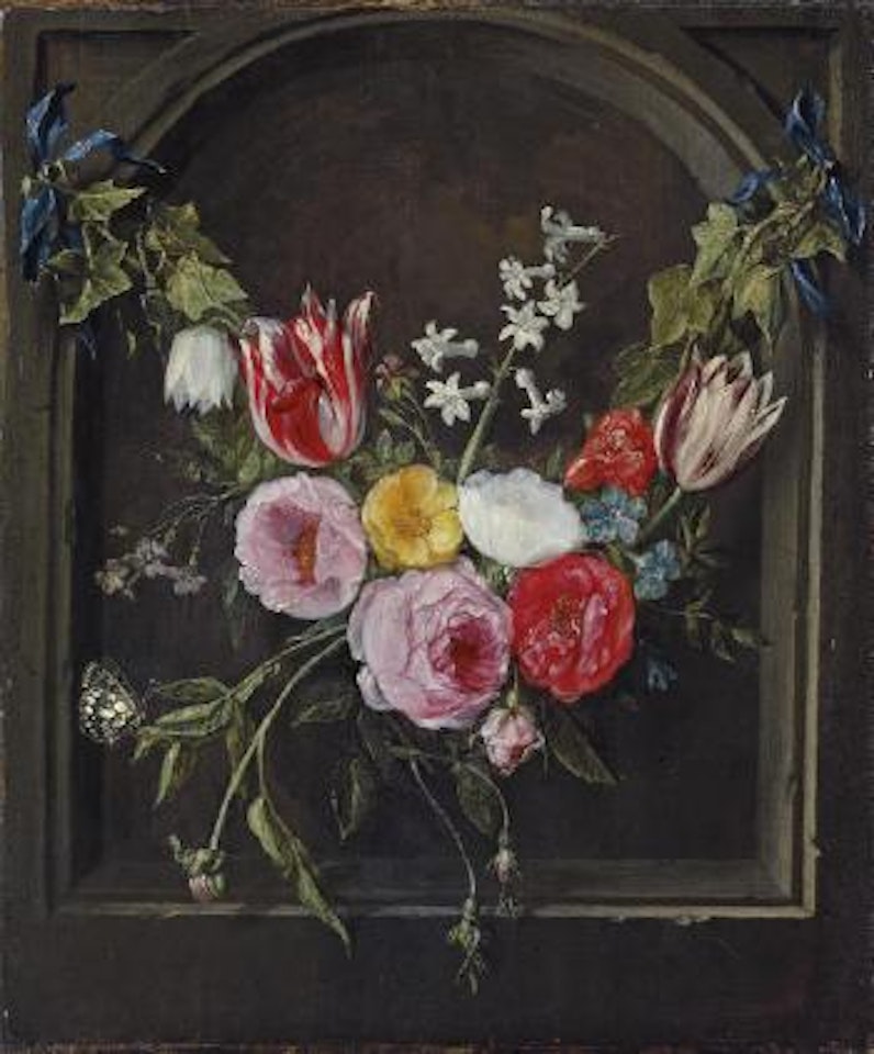 A swag of flowers hanging in a niche by Jan Van Kessel The Elder