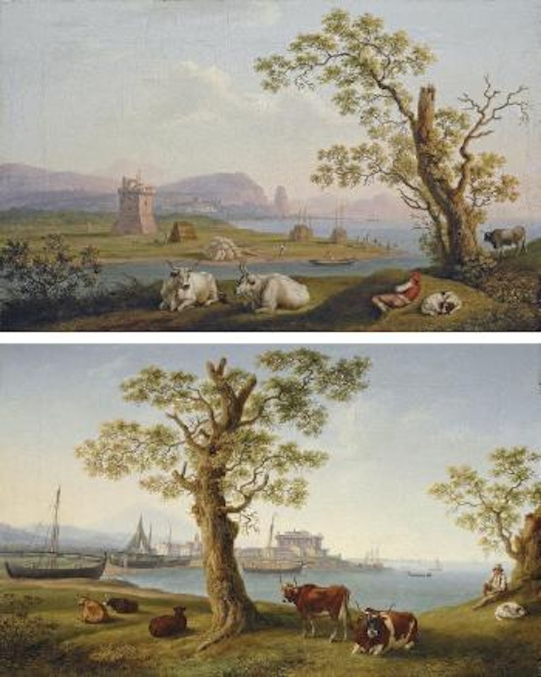 A coastal inlet, with cattle in the foreground and fishing boats and a town beyond; and The harbour of Terracina with cattle in the foreground, a fortified tower in the middle ground and Monte Sant'Angelo with Pisco Montano beyond by Jacob Philipp Hackert