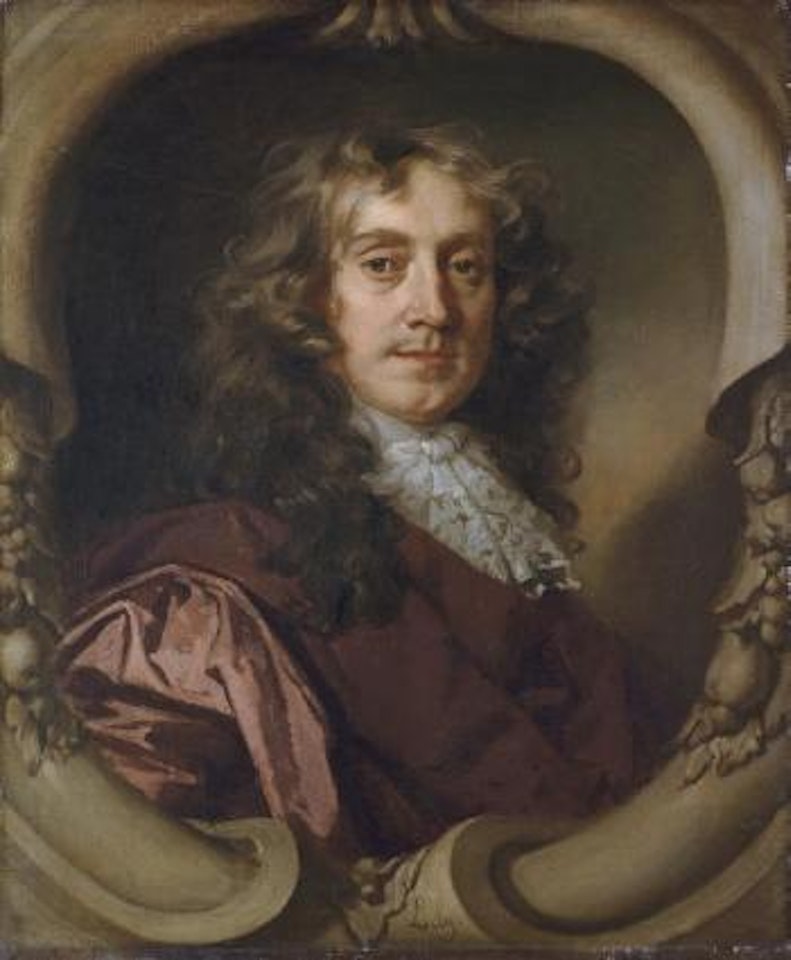 Portrait of a gentleman, half-length, in a brown coat and Mechlin lace cravat, in a sculpted cartouche by Sir Peter Lely
