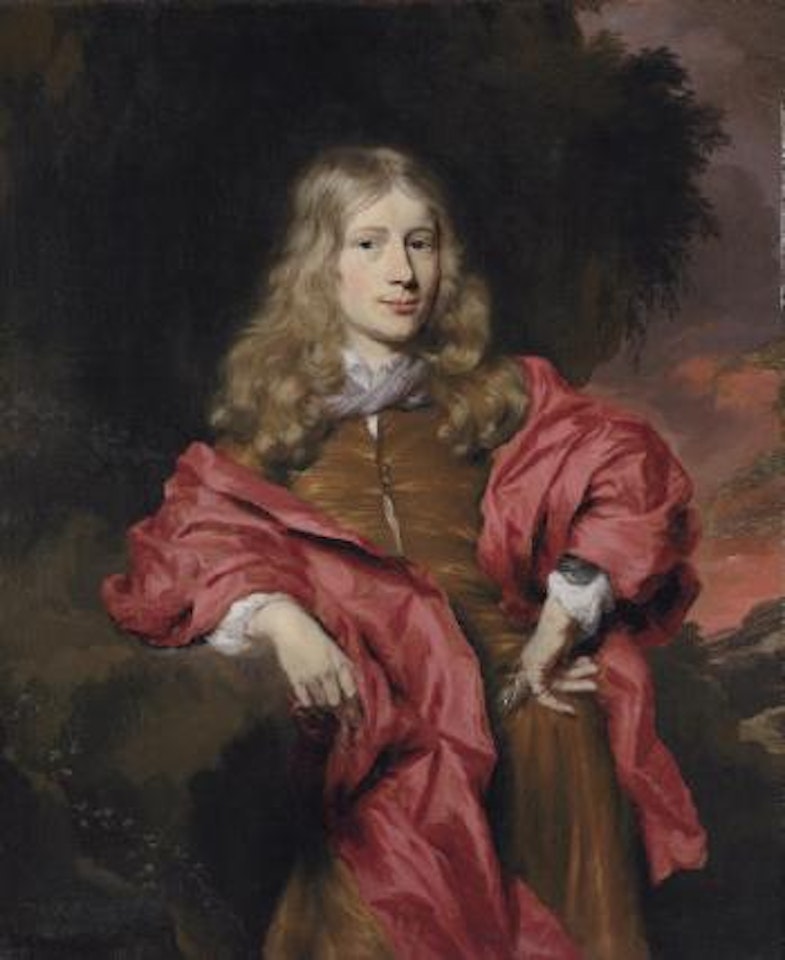 Portrait of gentlemen, three-quarter length, in a brown tunic with a red cloak in a wooded landscape, at sunset by Nicolaes Maes