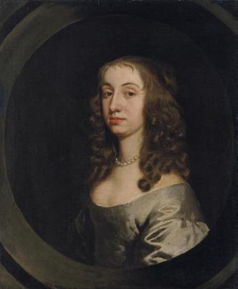 Portrait of lady, traditionally identified as Jane, wife of Sir Nicholas Pelham, bust-length, in a grey dress and pearls, in a sculpted cartouche by Sir Peter Lely