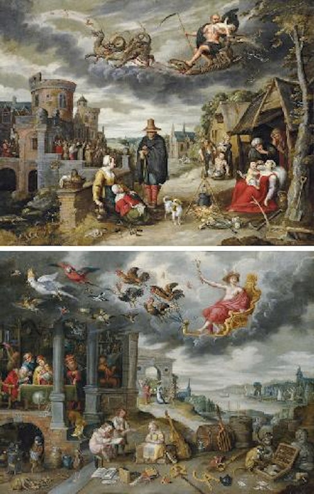 Saturn eating one of his children, with the children of the planet Saturn below; and Mercury, with the children of the planet Mercury below by Jan Brueghel the Younger