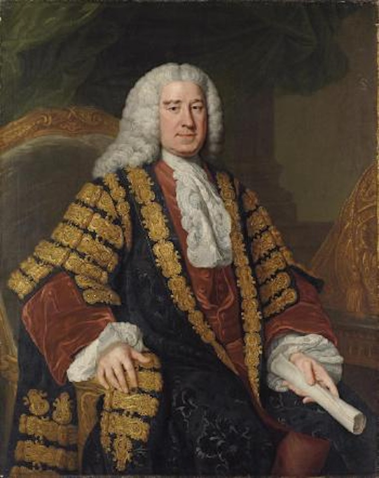 Portrait of Henry Pelham (1694-1754), three-quarter-length, seated in Chancellor's robes, a scroll in his left hand by William Hoare of Bath