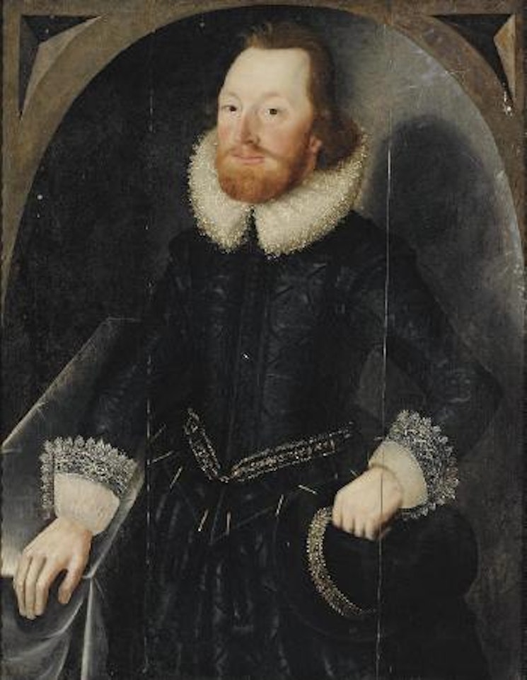 Portrait of a gentleman, possibly John Towneley, three-quarter-length, in gold-trimmed black costume, with a ruff, holding a hat, in a sculpted niche by English School