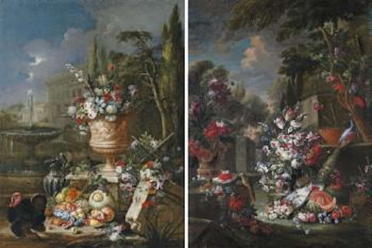 Tulips, roses, lily-of-the-valley and other flowers in an urn, with fruit in a porcelain bowl, a silver ewer and a turkey, a fountain and house beyond by Gasparo Lopez