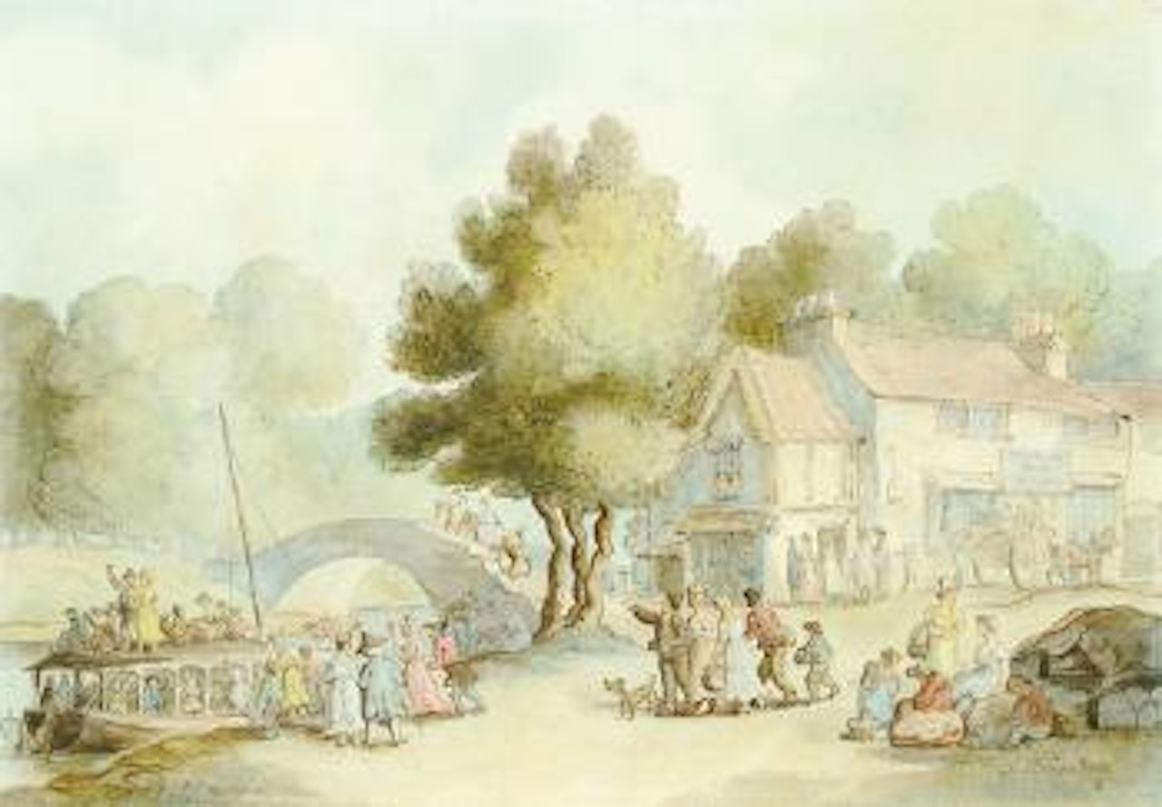 Start of the boating party, groups of lively figures outside the Passage Boat House, or boarding the   pleasure boat by a bridge by Thomas Rowlandson