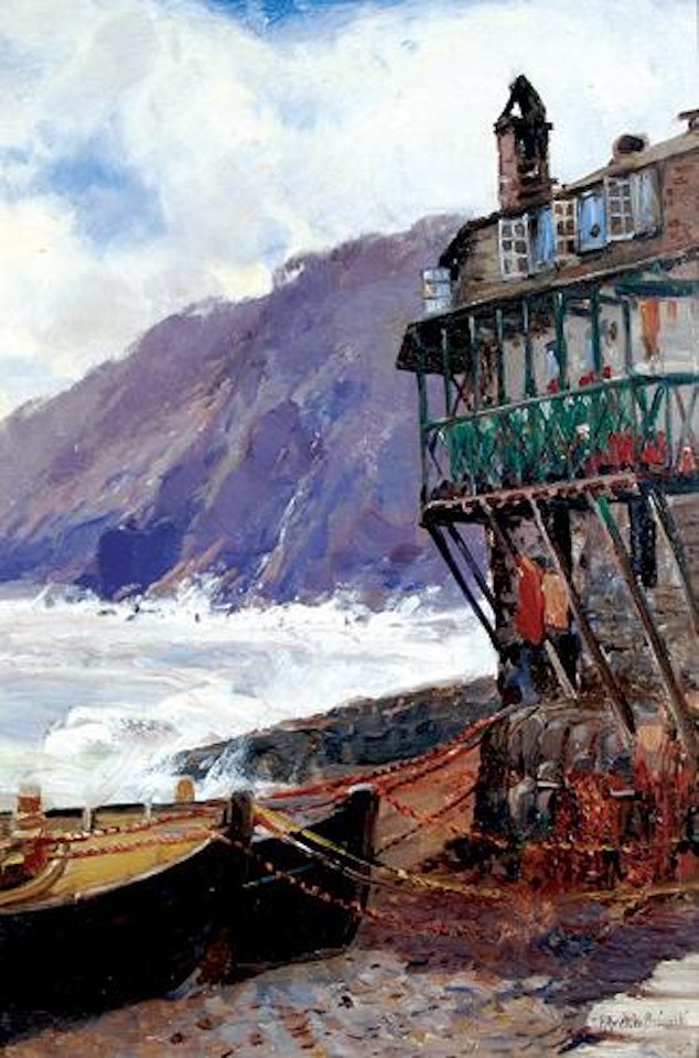 Crazy Kate, Clovelly, depictiing picturesque village's oldest cottage, with boats pulled up on the shore by Alfred de Breanski