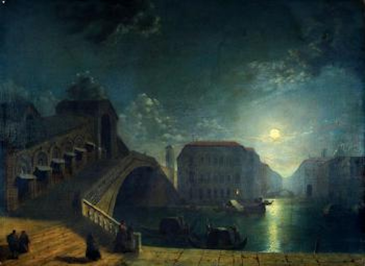 A moonlit view of the Rialto Bridge in Venice by Henry Pether