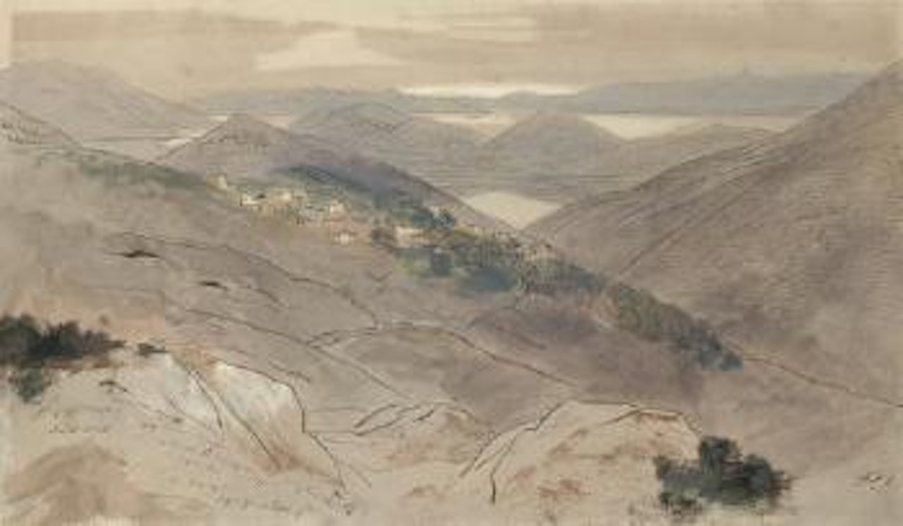 View of Katochori, on the island of Santa Maura, looking over Vlikho Bay and the Island of Scorpios, with the Greek mainland beyond, at dawn by Edward Lear