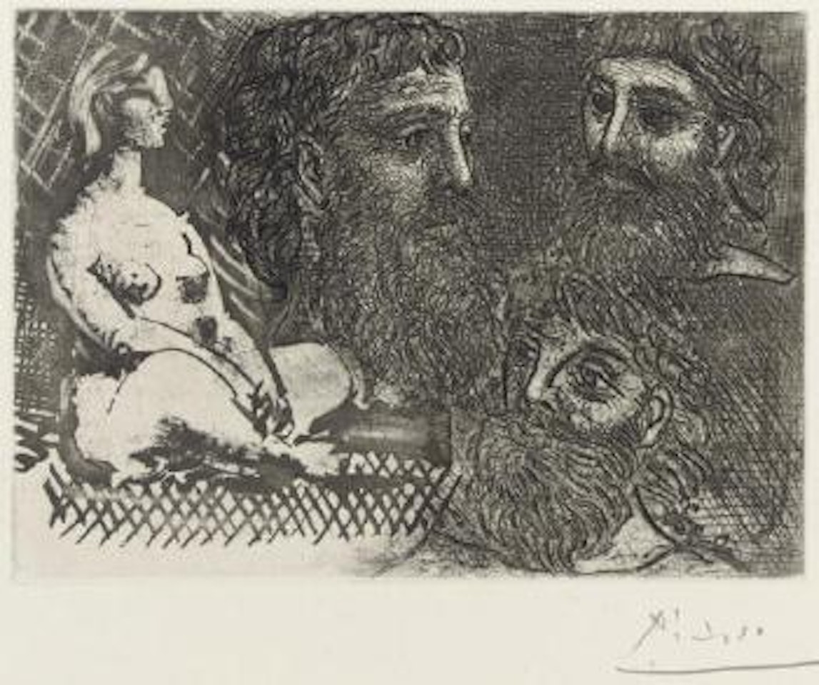 Femme nue assise et trois têtes barbues, Plate 25 from La Suite Vollard (B. 216; Ba. 416) by Pablo Picasso