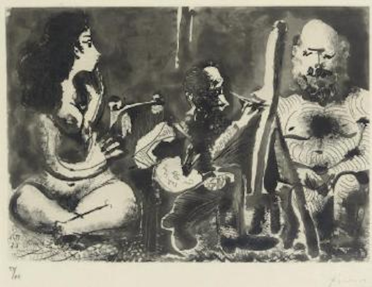 Peintre au travail avec modèle barbu et une spectatrice assise en tailleur, from Les bleus de Barcelone (B. 1130; Ba. 1127) by Pablo Picasso