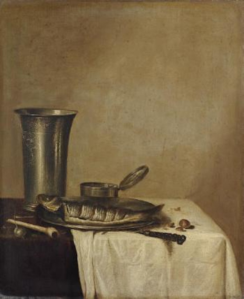 A herring on a pewter platter, an engraved silver tumbler, and a pipe on a partly-draped table by Willem Claesz Heda