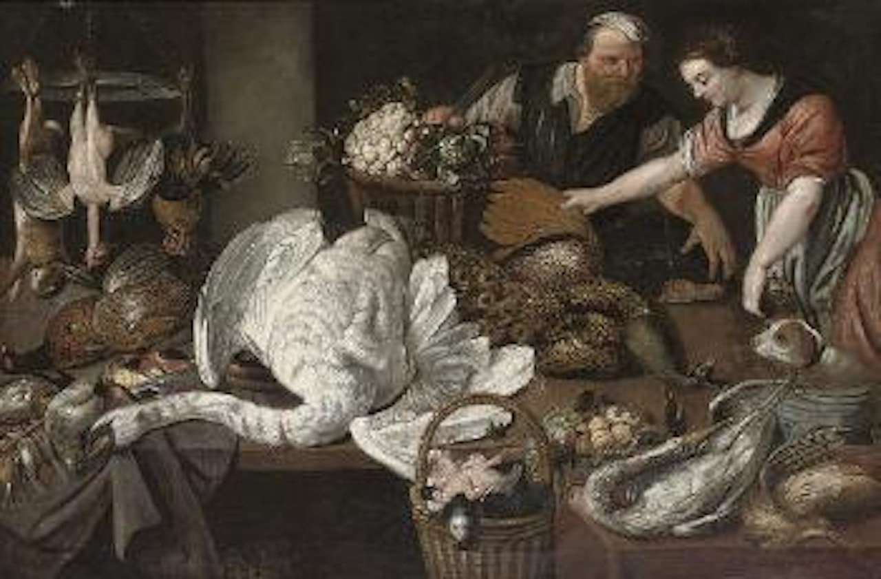 A kitchen still life with a swan, a peacock, chicken, finches and other poultry laid on a table, with a maid, and a butcher by Adriaen van Utrecht