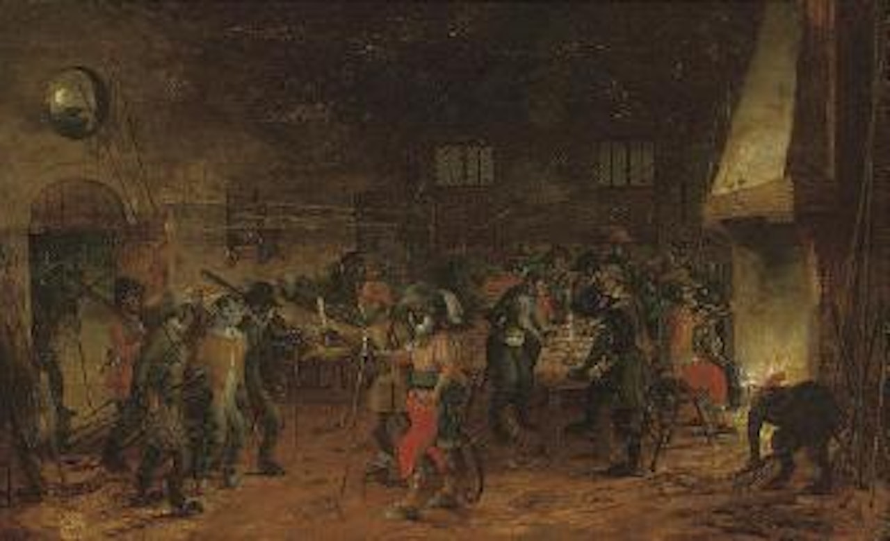 A singerie with monkeys in a guardroom at night by David Teniers II
