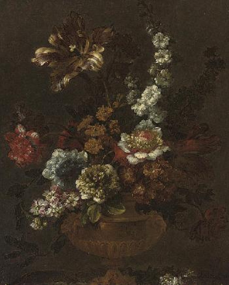 A parrot tulip, chrysanthemums, stock, primula, and other flowers in a sculpted urn on a ledge by Jean Baptiste Monnoyer