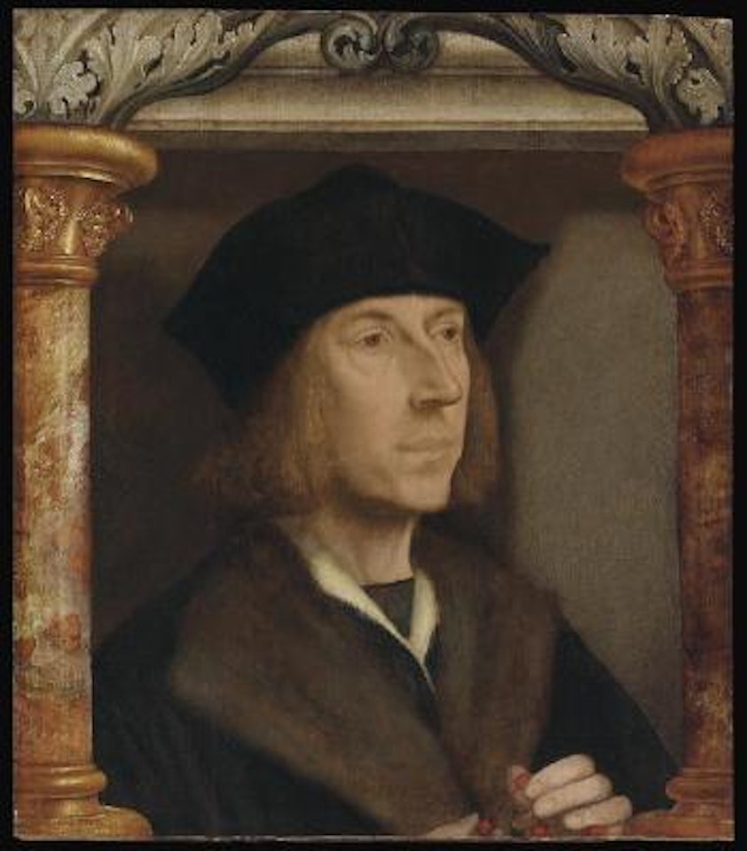 Portrait of gentleman, bust-length, in a fur-lined coat, telling a rosary, set in an architectural surround by Quinten Metsys