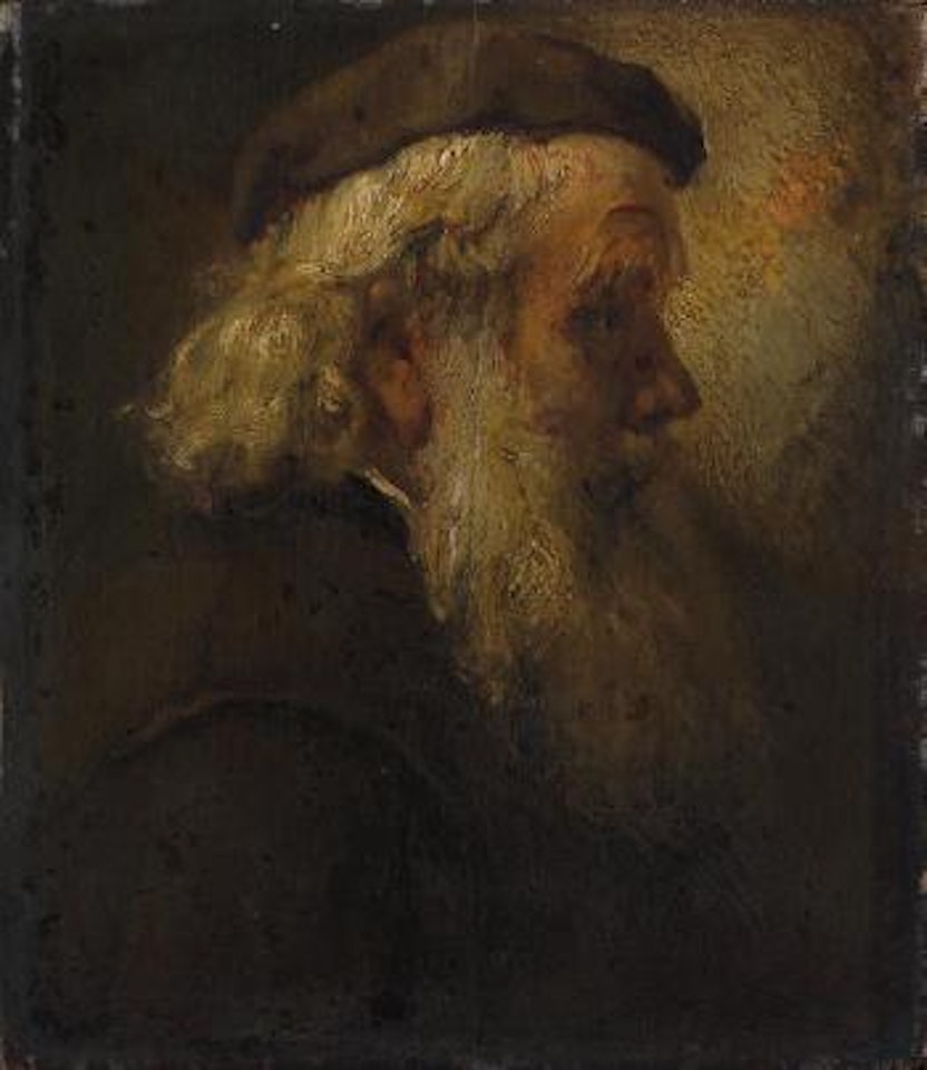 A bearded man, bust-length, in profile, in a cap by Attributed to Rembrandt Harmensz van Rijn