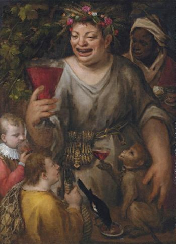 Bacchus with a page, a peasant, a servant, a magpie and an ape by Sebastiano Filippi