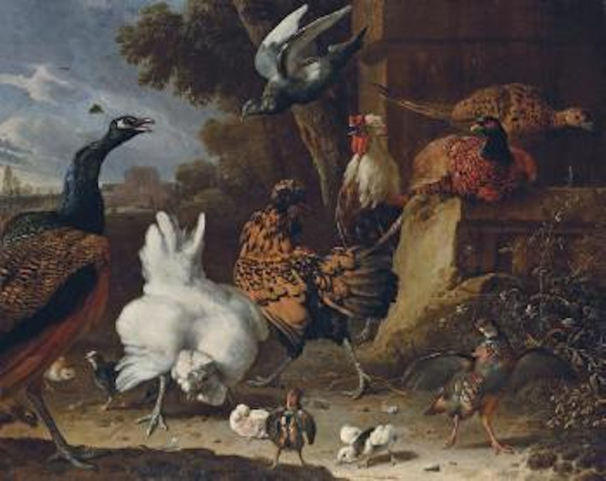 A cockerel, hens, chicks, a partridge, pheasants, a peacock and a pigeon by a wall in the park of a mansion by Melchior de Hondecoeter