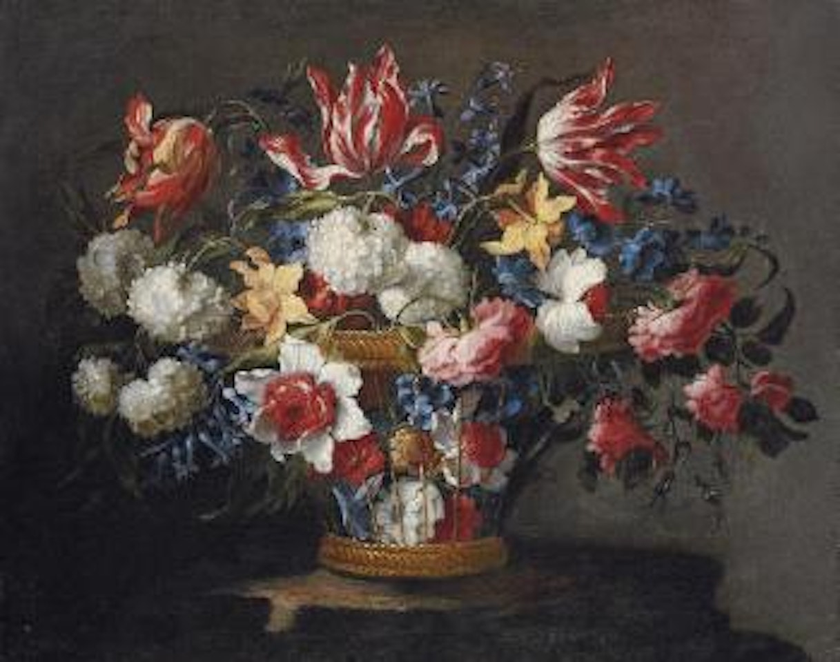 Snowballs, daffodils, tulips, roses and other flowers in a wicker basket on a ledge by Juan de Arellano