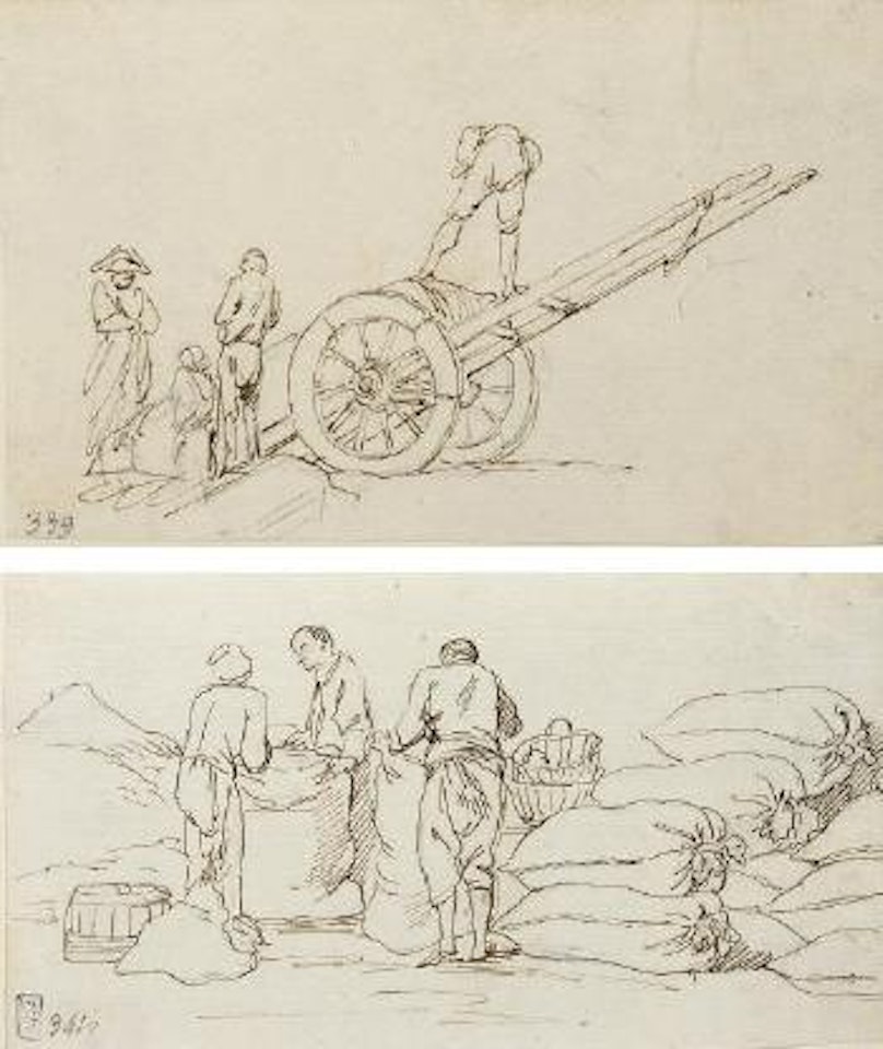 Four men loading a wagon; and Three men filling sacks by Claude Joseph Vernet