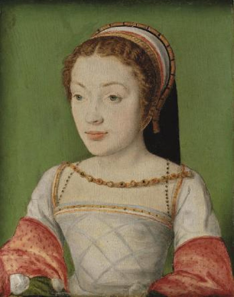 Portrait of Renée de France (1510-1574), bust-length, in a white dress with red sleeves, with a jewelled necklace and a head-dress by Corneille de Lyon