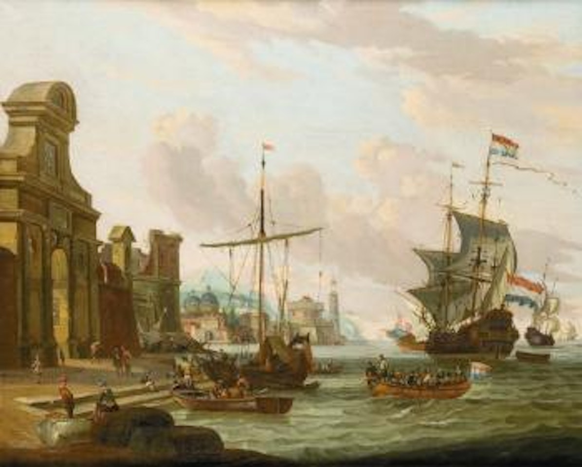 Navires devant la porte d'une ville by Abraham Storck
