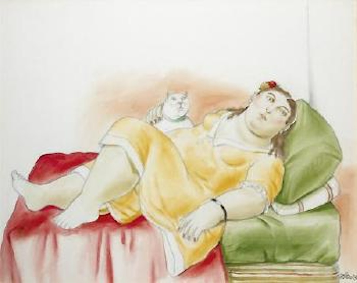 Reclined woman with cat by Fernando Botero
