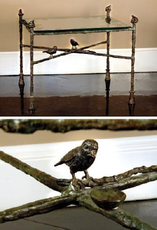 Table feuilles, modele bas aux grenouilles, deux oiseaux et coupelle by Diego Giacometti