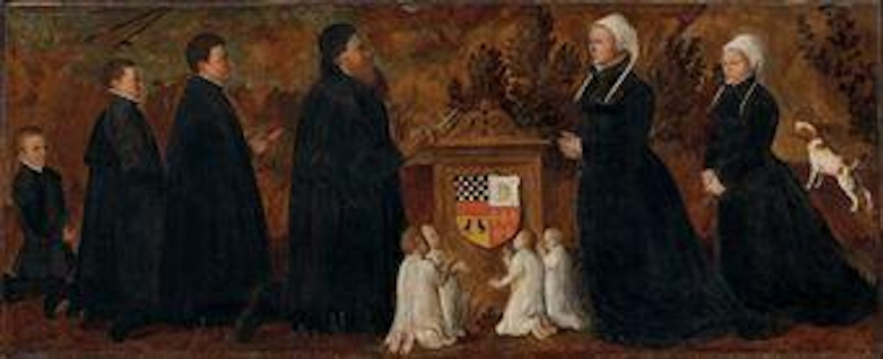 A family of donors at an altar by Marten Jacobsz van Veen Heemskerk