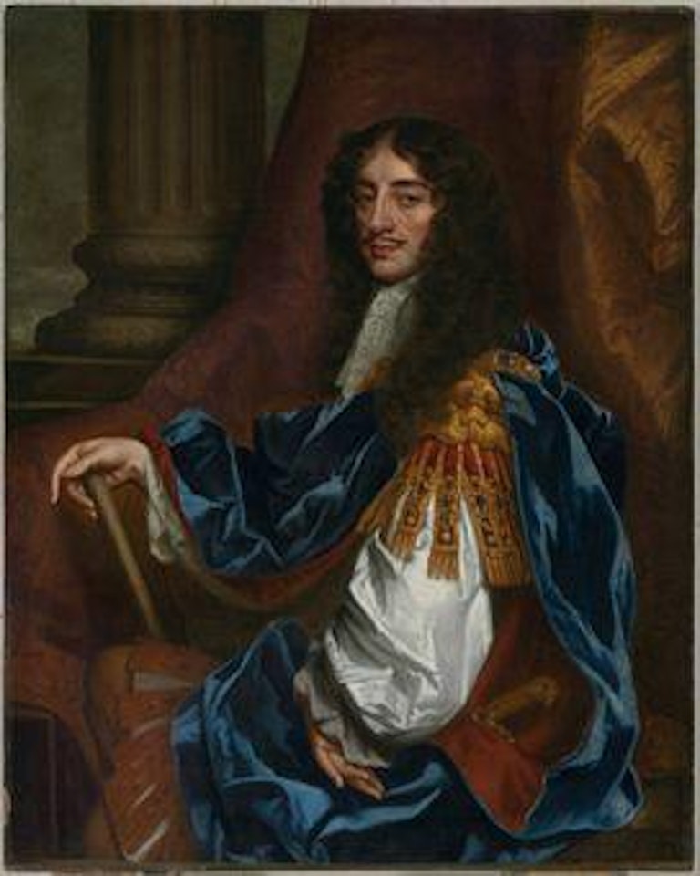 Portrait of Charles II, seated three-quarter-length, in a blue and gold robe, holding a staff, a column behind by Sir Peter Lely