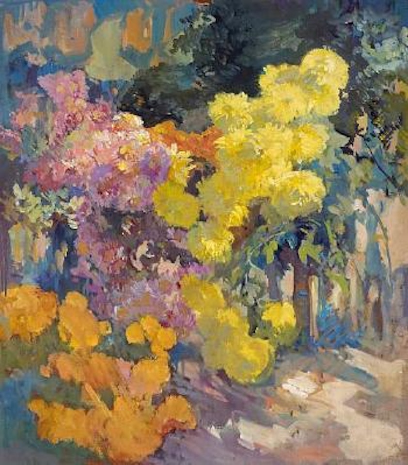 A walkway lined with pink and yellow chrysanthemums by Franz A Bischoff