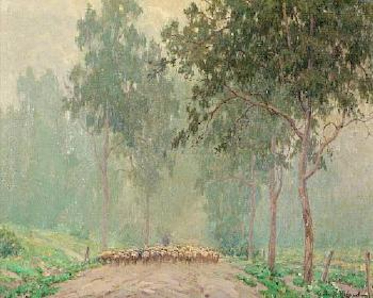 A shepherd and his flock in the early morning mist by Granville Redmond