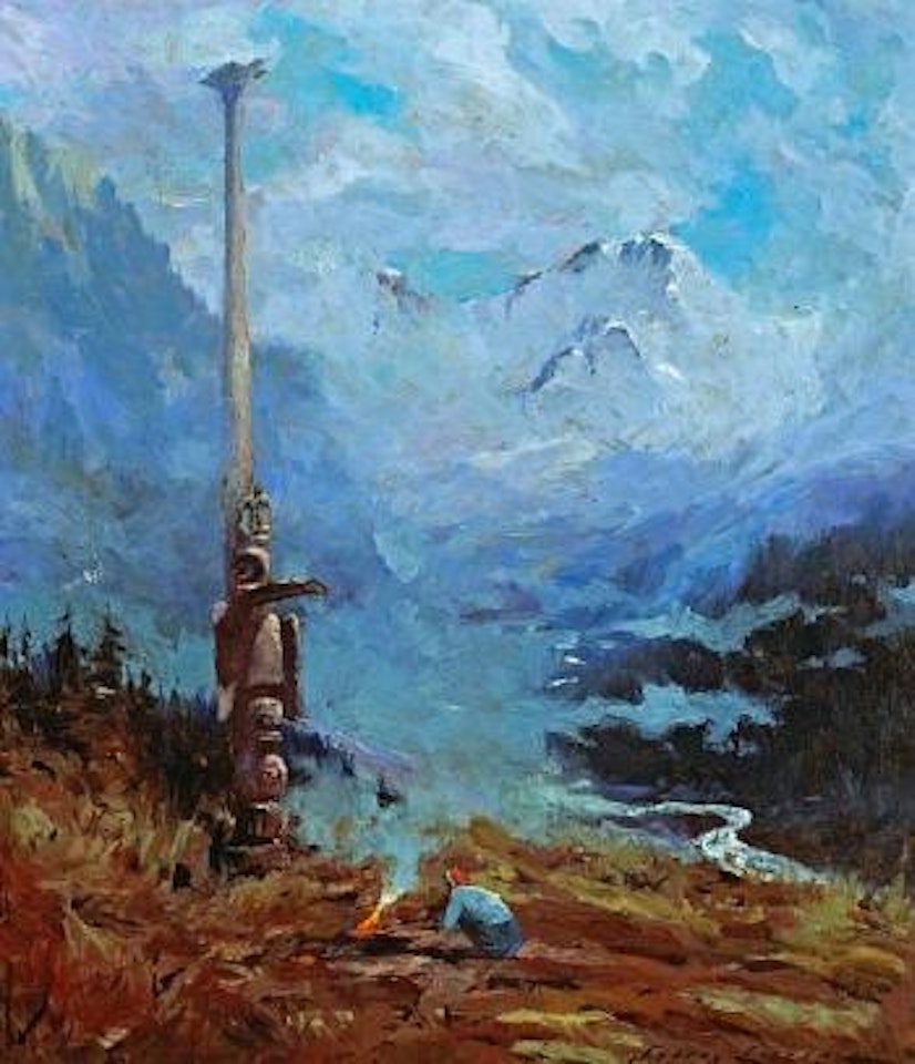 A totem pole with Mt. McKinley in the distance by Sydney Mortimer Laurence