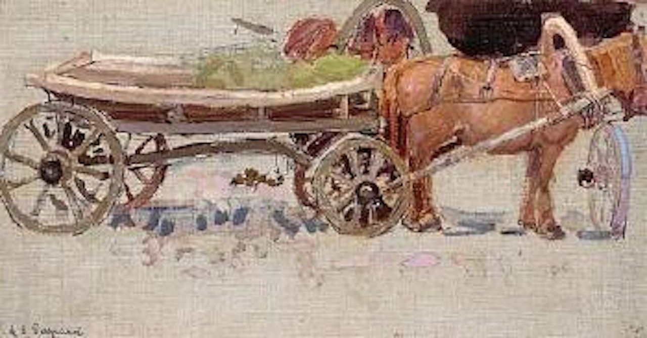 Horse and wagon with yoke by Leon Gaspard