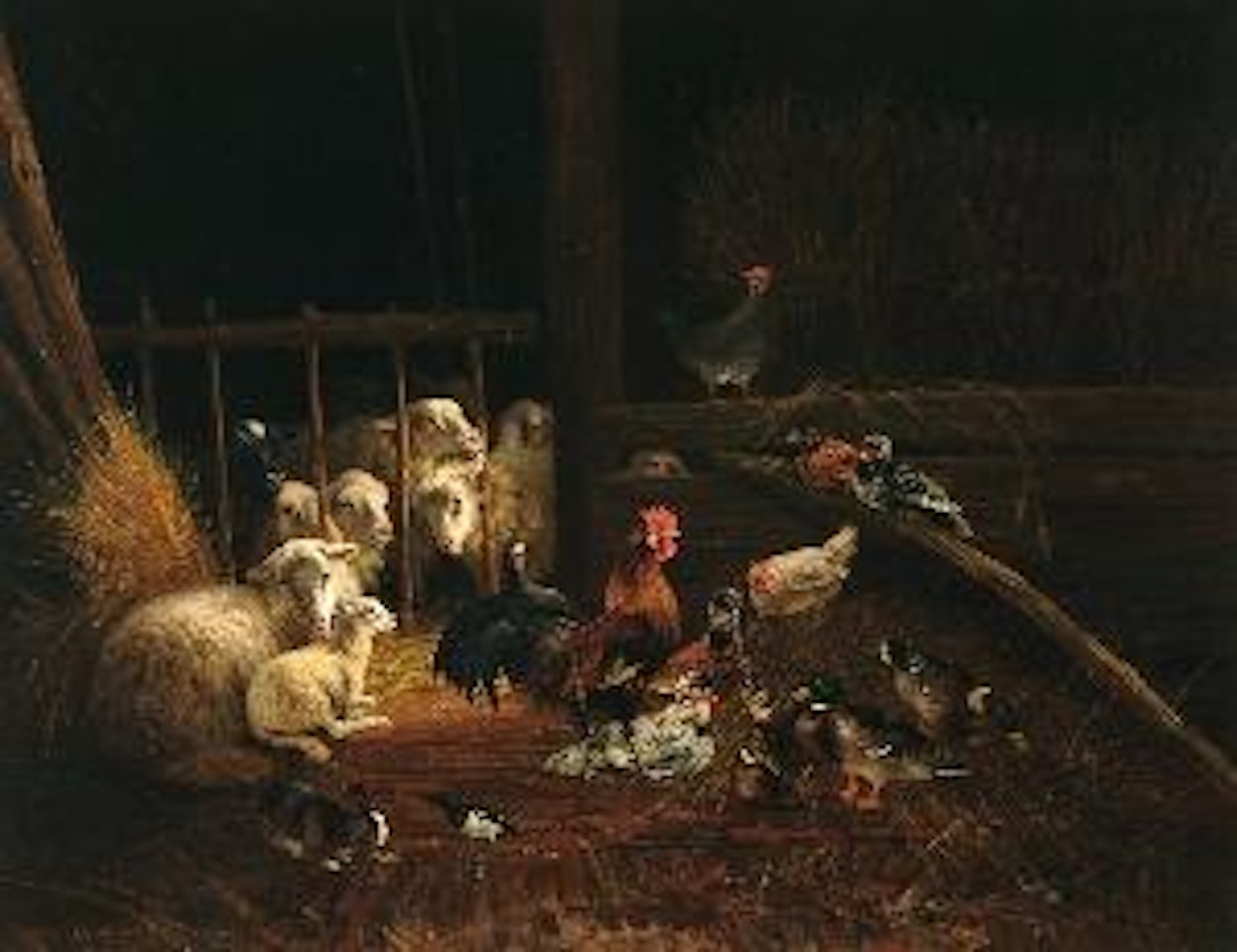 Schapenstal met hoenders by August Knip