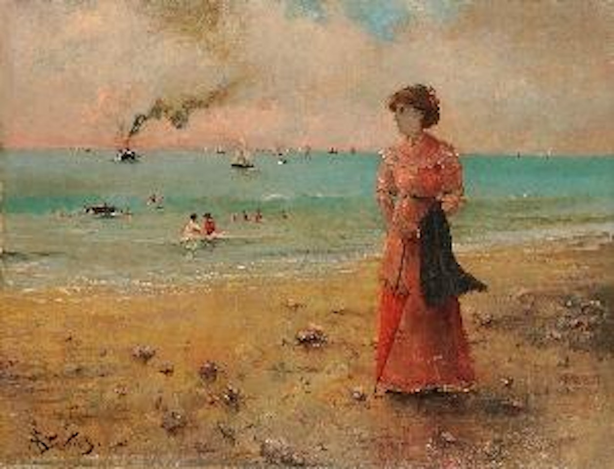 Jeune femme à l'ombrelle rouge au bord de la mer by Alfred Stevens