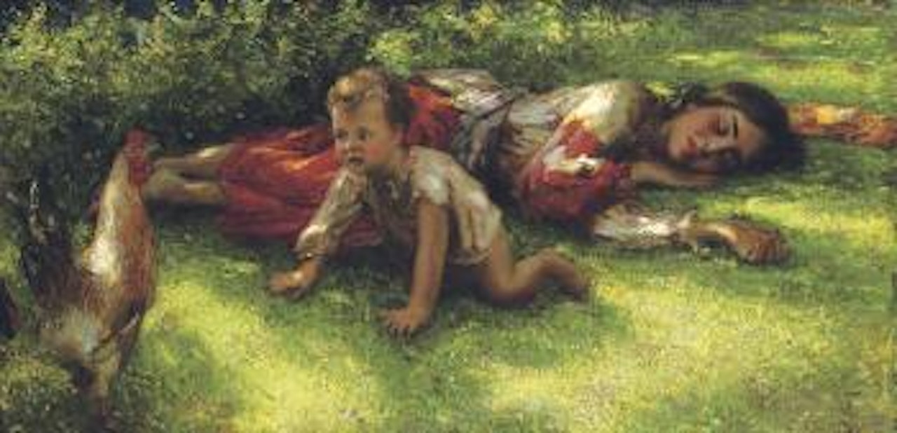 A gypsy with a cockerel and baby by Nikolai Vasilievich Kharitonov